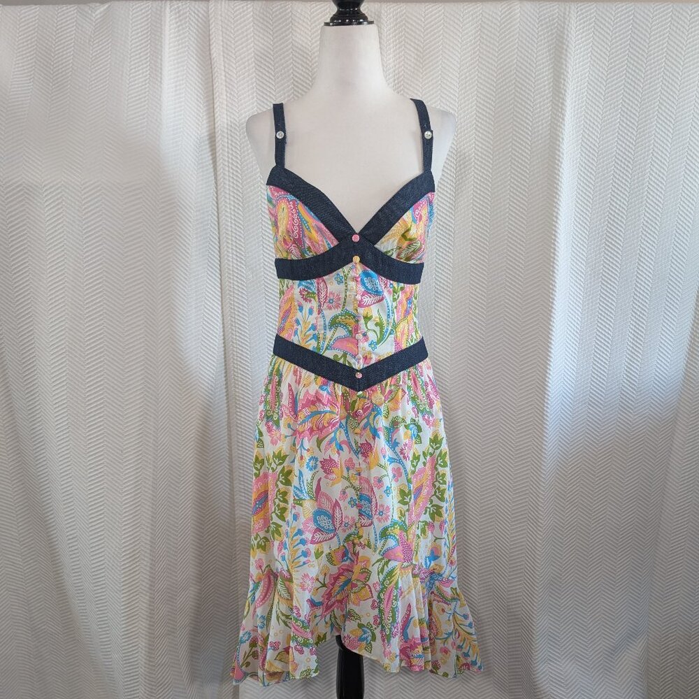 Floral Midi Dress Denim Trim Ruffle Hem Prairie Cottagecore Boho Retro XS S